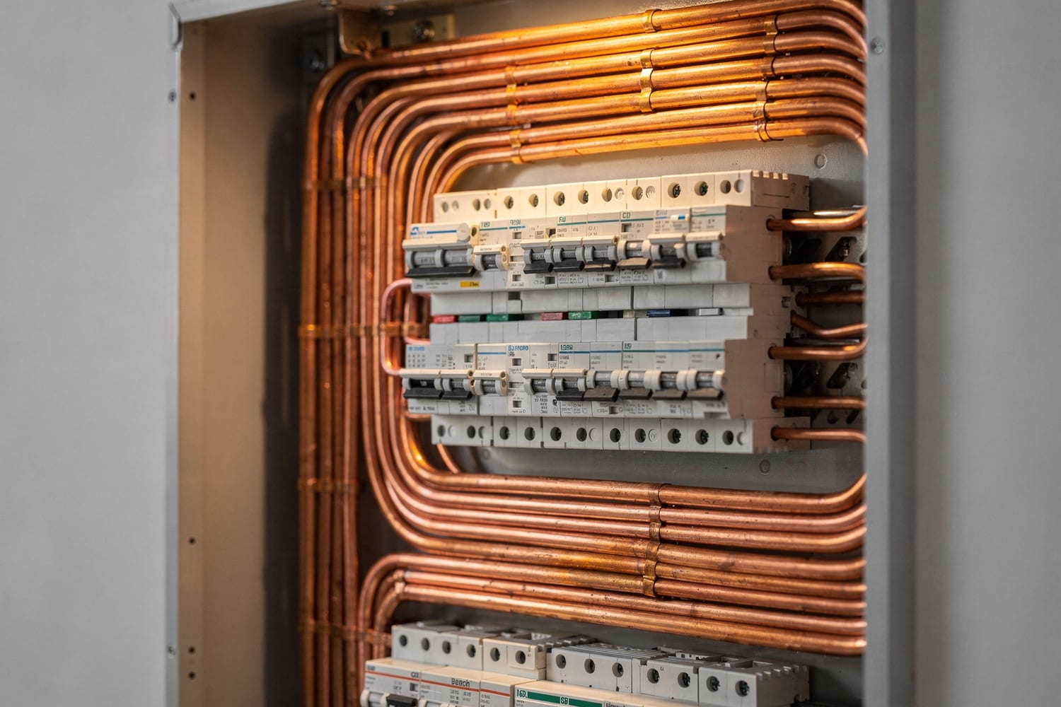 Neatly routed copper wiring inside an electrical panel