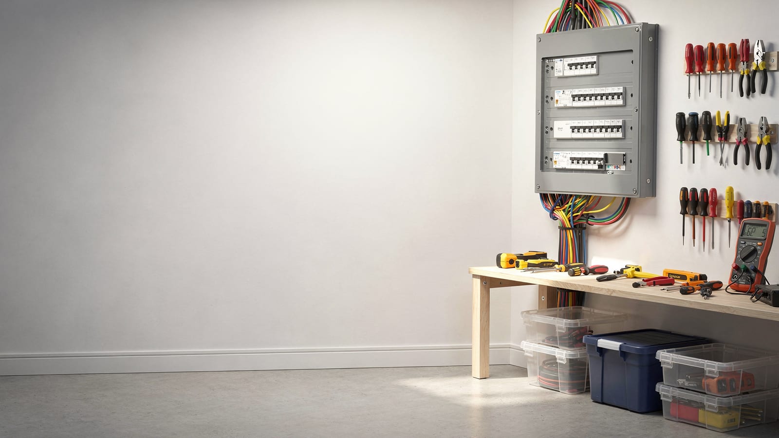 A clean, modern breaker panel and organized tools in a bright workshop